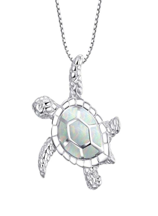 LRGKMCWTOB Small Turtle Pendant Statement Necklace Health and Longevity 925 Sterling Silver Created Opal Sea Turtle Pendant Necklace Birthstone Jewelry Adjustable Christmas Gifts for Women (White) - Image 1